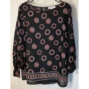 Nine West Black Multicolor 3/4 Sleeve Tie Wrist Tunic Top L